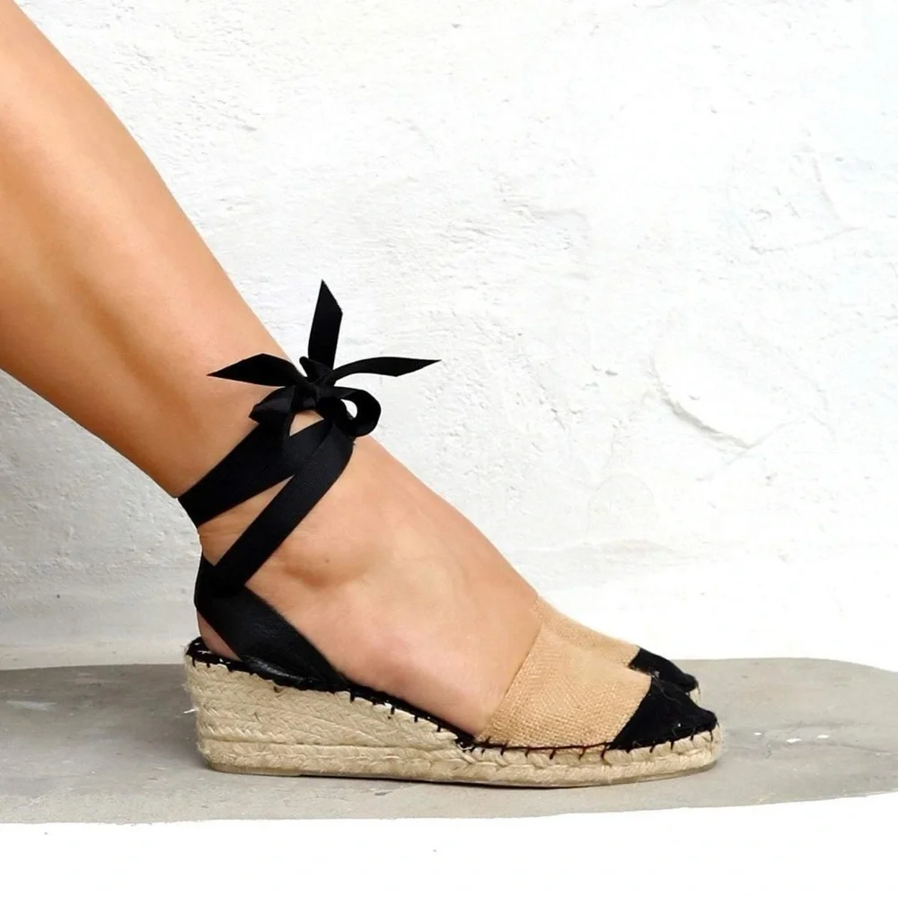 Maslinda Designs Ankle Tie Espadrille Wedges Black Beige EU 39